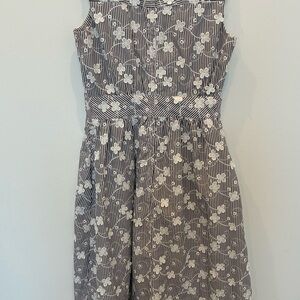 Calvin Klein Black and White Striped Dress with Floral Embroidery